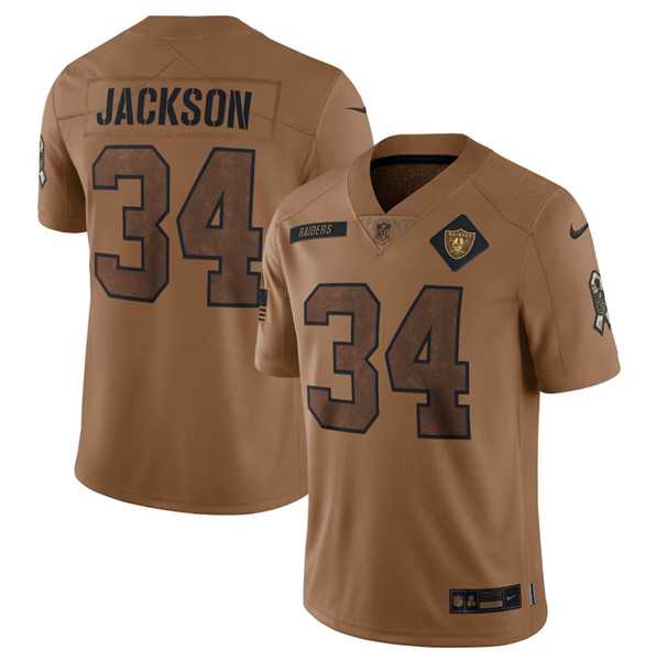 Mens Las Vegas Raiders #34 Bo Jackson 2023 Brown Salute To Service Limited Football Stitched Jersey Dyin